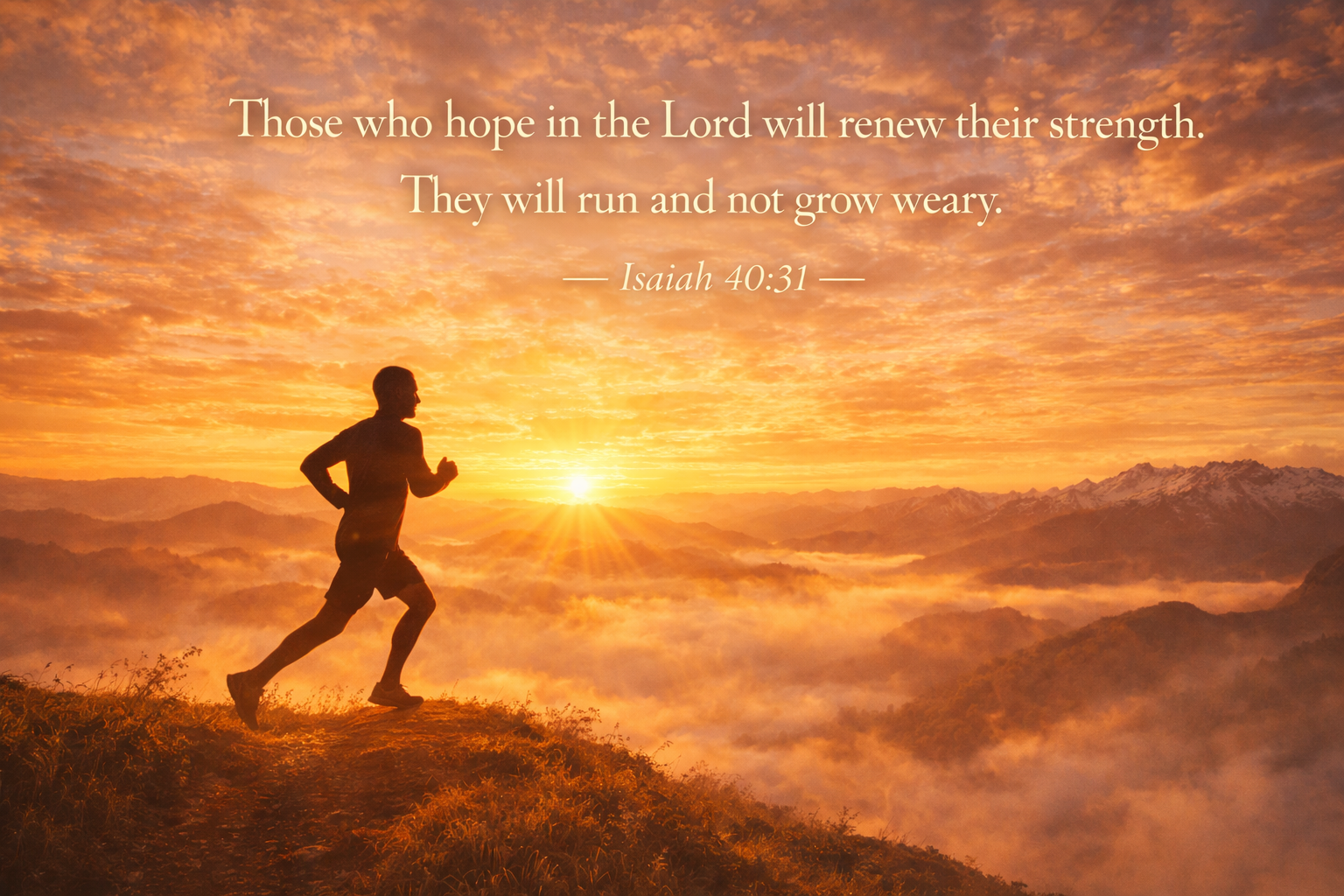 Lone runner silhouetted against golden dawn sky mountain ridge trail mist in valleys mid-stride strong determined -- Isaiah 40:31 runner wallpaper